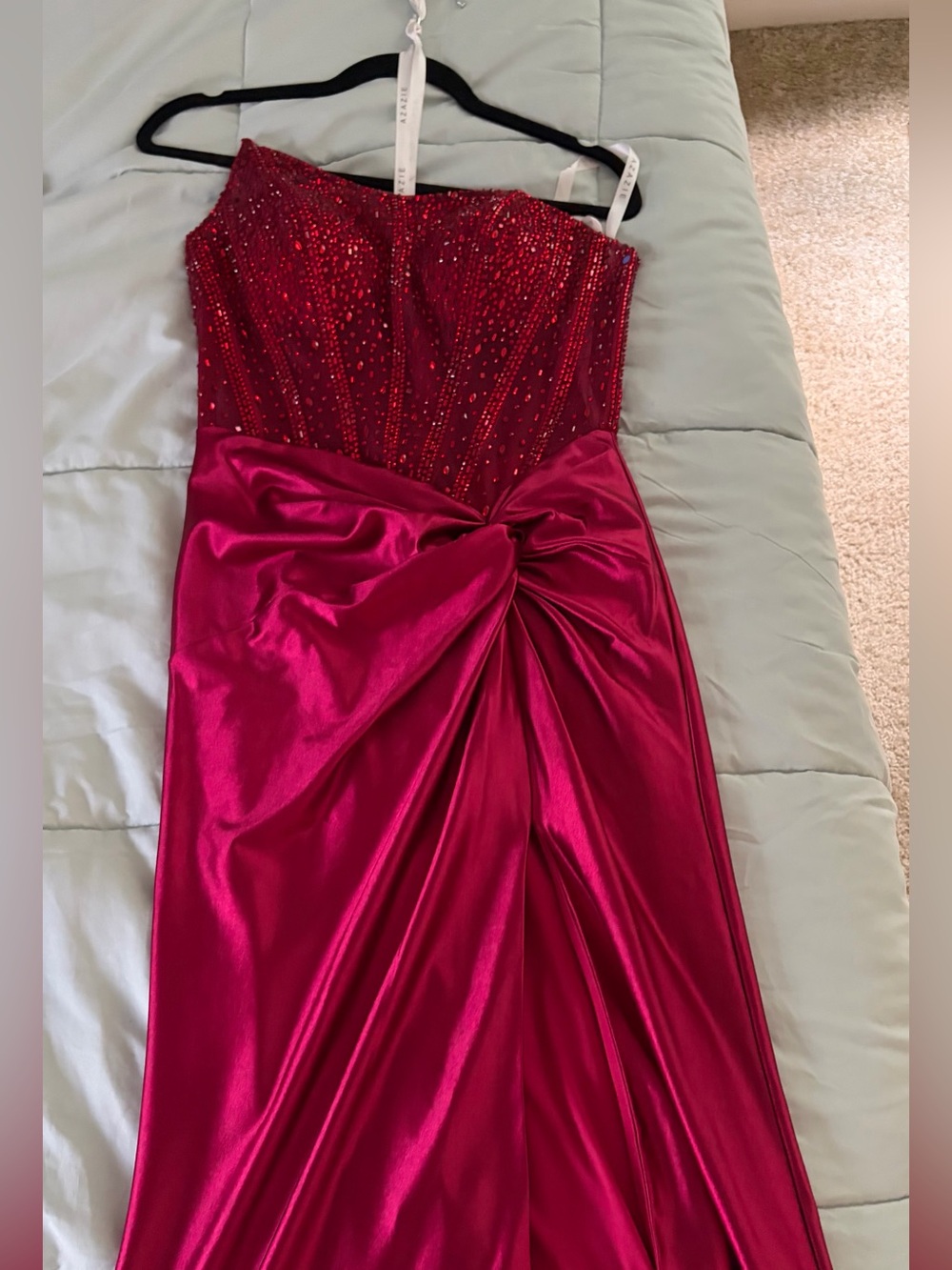 Azazie Beaded Deep Red Evening Gown